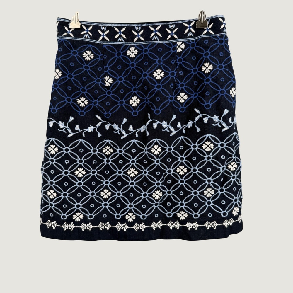 LOFT Mini Skirt Size 0 Blue Embroidered Floral Geometric Cotton Blend